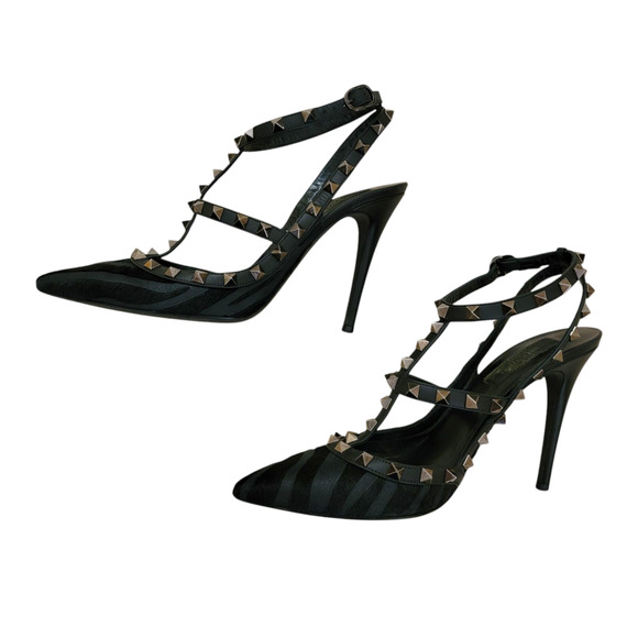 Valentino Rockstud Black Leather Zebra Calf Hair Ankle Strap Pumps Heels 39 9 - Picture 5 of 12